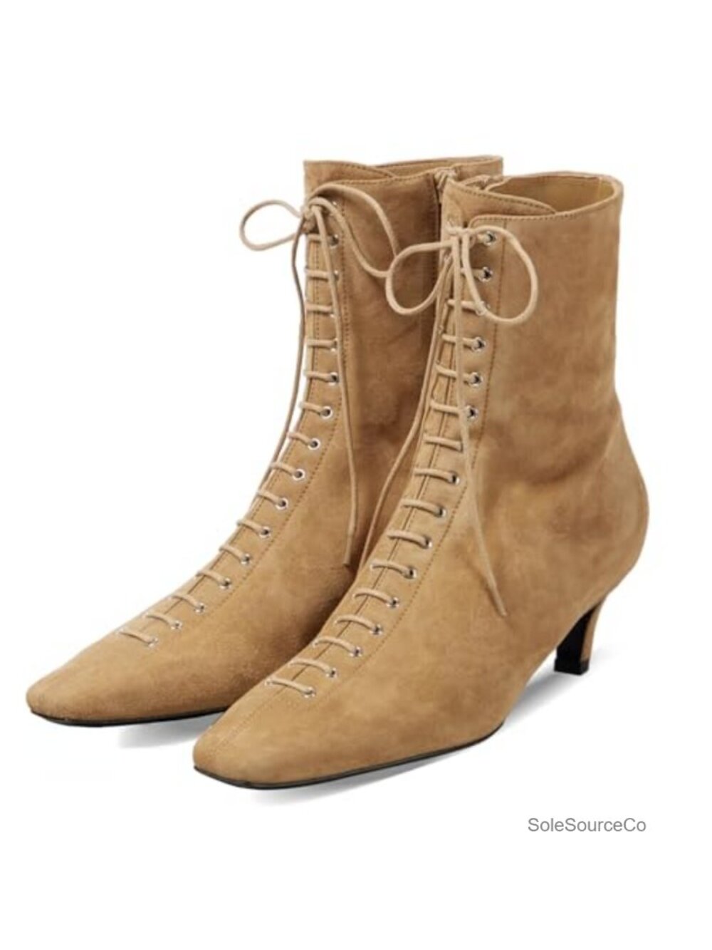 Suede Kitten Heel Ankle Boots Square Toe Lace Up Side Zip Womens Fall Winter